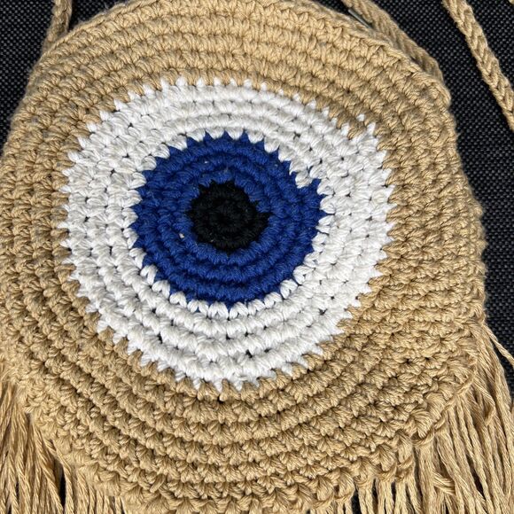 Wayan Natural Wear Round Crochet Evil Eye Shoulder Crossbody Bag Fringe Zip 7" - Picture 2 of 10